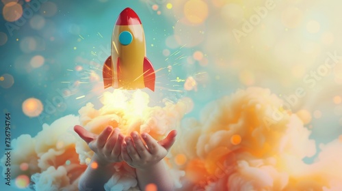 Fototapeta Naklejka Na Ścianę i Meble -  A rocket takes off from a kid's hands, and a spaceship starts flying up, launching from the child's hands and creating a colorful cloud explosion. concept creativity want to be a scientist Copy Space