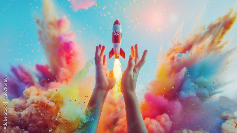 A rocket takes off from a kid's hands, and a spaceship starts flying up, launching from the child's hands and creating a colorful cloud explosion. concept creativity want to be a scientist Copy Space A rocket takes off from a kid's hands, and a spaceship starts flying up, launching from the child's hands and creating a colorful cloud explosion. concept creativity want to be a scientist Copy Space