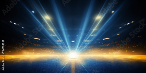 Arena blue and yellow lights background, Stadium lights with ground rays
