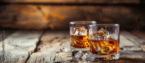 Two highball glasses filled with Tennessee whiskey and ice cubes sitting on a wooden table, ready to enjoy. Perfect for a relaxing evening with a classic spirit in hand
