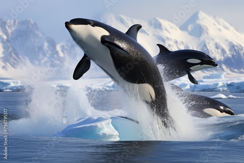 Orcas breaching in the Arctic waters, real photo Killer Whale, AI generated © Tanu