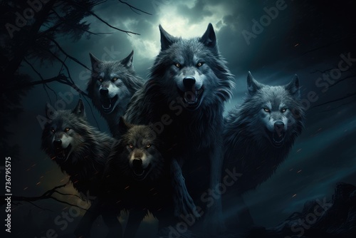A pack of wolves under the full moon, Evoking the Wild and Untamed Spirit of Nature, AI generated