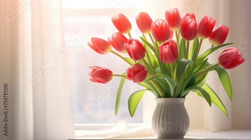 A bouquet of red tulips on the windowsill for congratulations on Mother's Day, Valentine's Day, Women's Day.