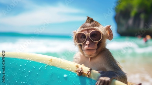 A cute monkey surfer enjoys a fun-filled summer day at the beach, riding waves with enthusiasm, Ai Generated. © Crazy Juke