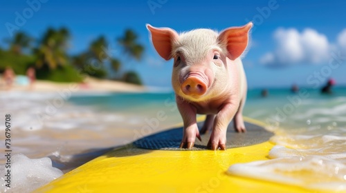 A cute pig surfer enjoys a fun-filled summer day at the beach, riding waves with enthusiasm, Ai Generated.