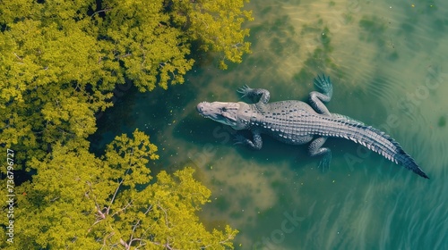 Aerial view captures a crocodile at Cayo Centro  showcasing its presence in the serene waters  Ai Generated.
