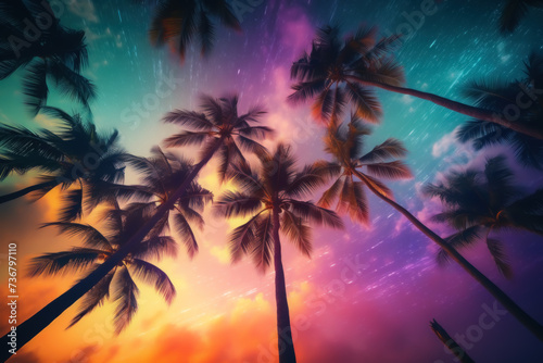 Palm leaves on tropical sunset beach background. Summer and travel concept. Generative ai.