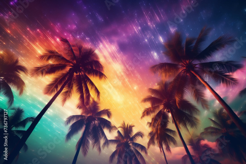 Palm leaves on tropical sunset beach background. Summer and travel concept. Generative ai.