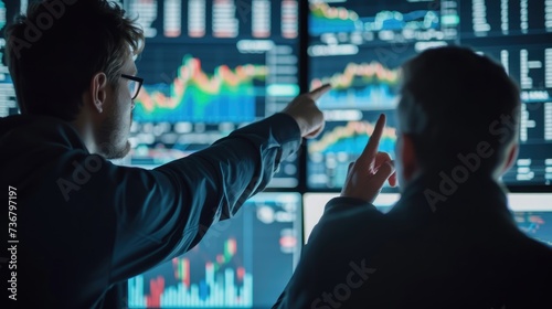 Crypto traders analyzing stock market data, pointing at screens, Ai Generated.