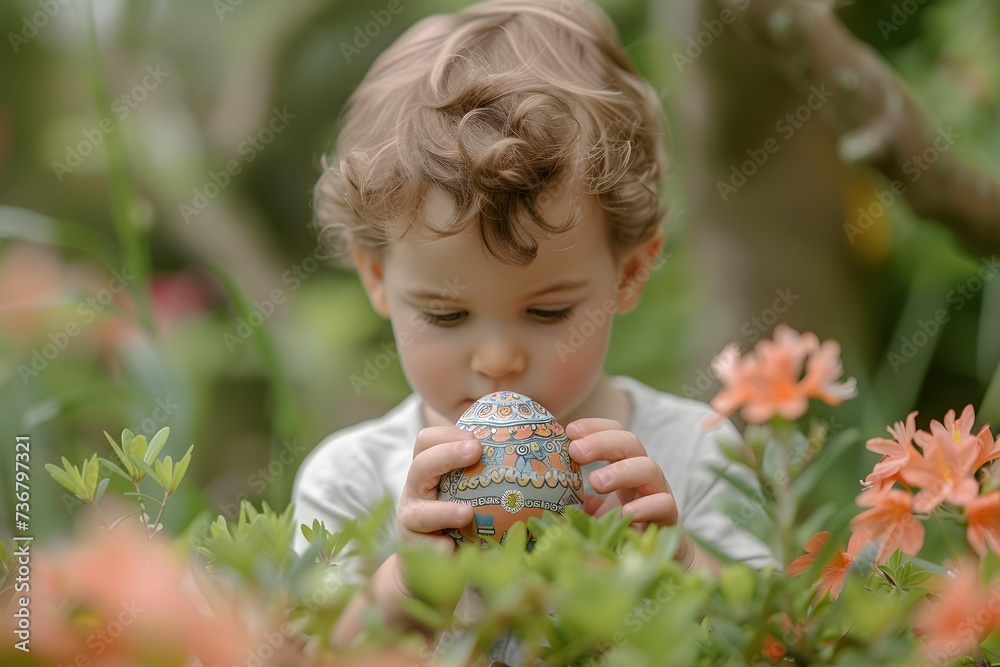 Curly-Haired Child Inspecting a Patterned Easter Egg Curly-Haired Child Inspecting a Patterned Easter Egg