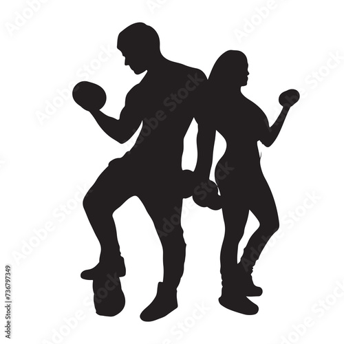 Black silhouette of man and woman exercising with dumbbells