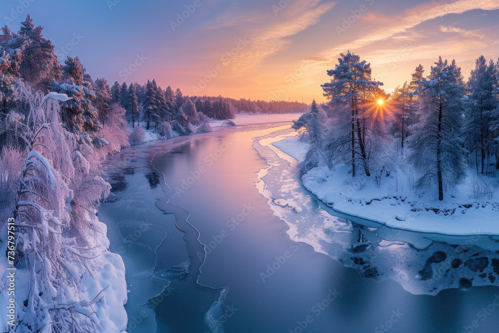 winter landscape of a frozen river or lake surrounded by snow-covered trees at sunset