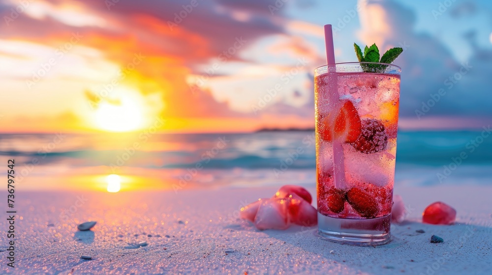 Cold summer mixed cocktail on sandy beach at sunset, Ai Generated. - obrazy, fototapety, plakaty 