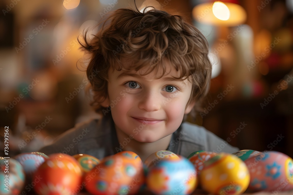 Fototapeta premium Smiling Curly-Haired Child with Easter Eggs