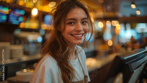 Female cashier is charging customers in a restaurant