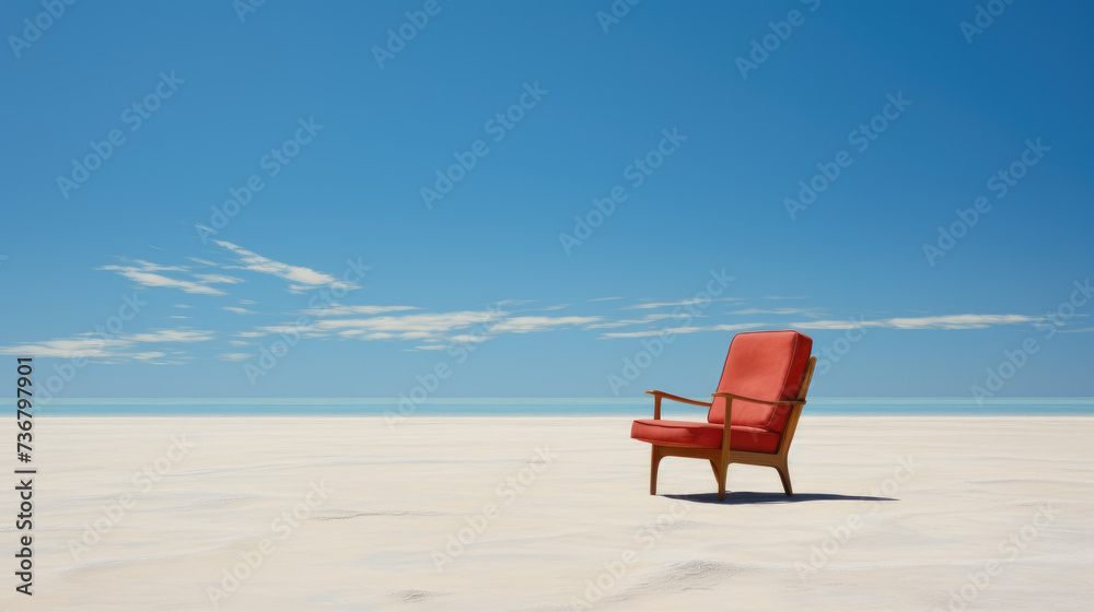 Solitary red chair on sandy beach beneath clear blue skies, tranquil serenity. Ai Generated