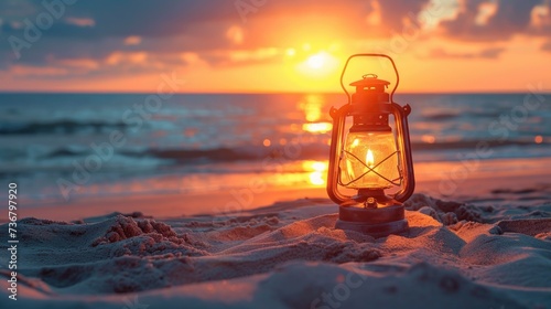 Lantern in the sand before a beautiful beach at sunset. Coastal tranquility, Ai Generated.