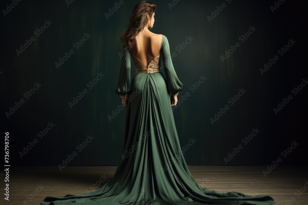 Beautiful woman in a long green dress on a dark background. a beautiful woman in a green dress with a flowing green fabric Ai generated