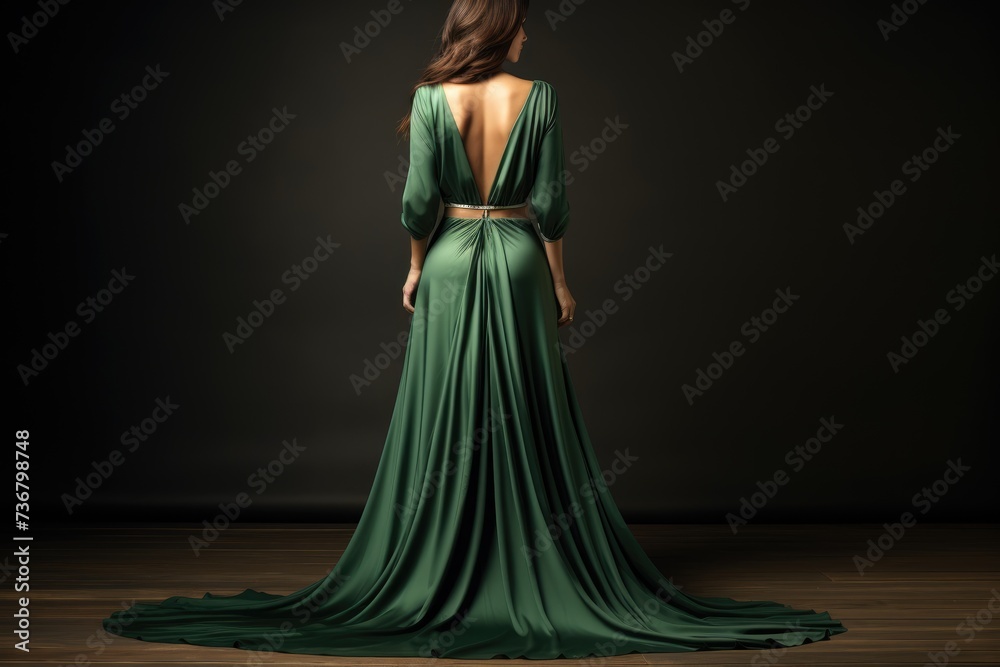 Beautiful woman in a long green dress on a dark background. a beautiful woman in a green dress with a flowing green fabric Ai generated