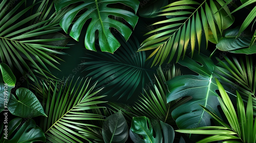 Close up of green palm leafs on a dark green background - obrazy, fototapety, plakaty 