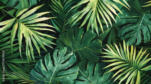 Close up of green palm leafs on a dark green background