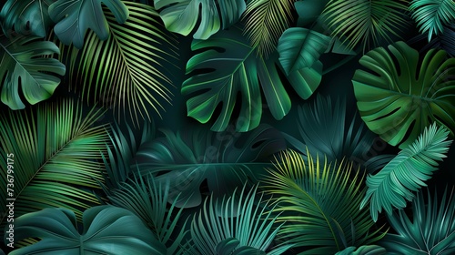 Close up of green palm leafs on a dark green background photo