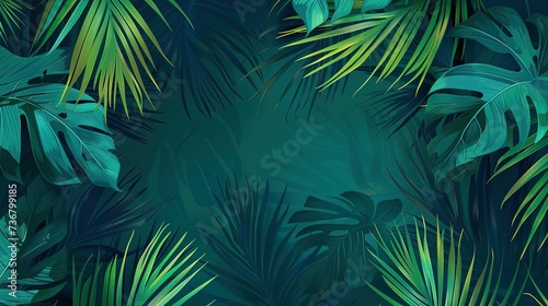 Close up of green palm leafs on a dark green background