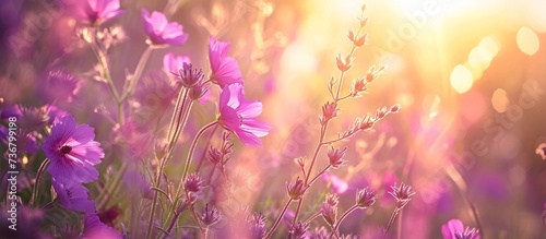 the sun is shining through the purple flowers in the field . High quality