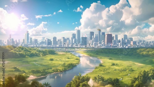 Colorful design of green land with river in the background. cartoon and anime style	
 photo