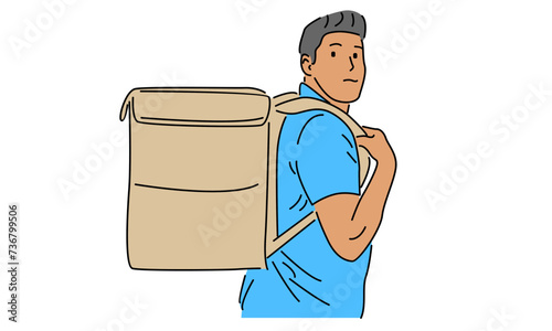 line art color of courier with delivery bag vector illustration