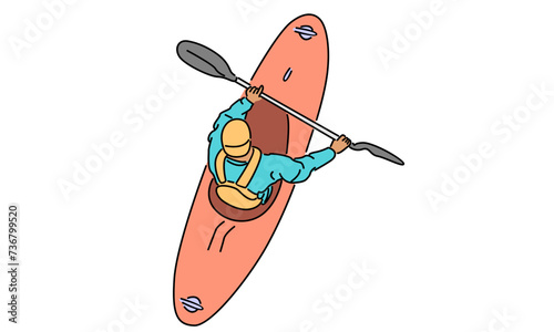 line art color of kayaker doing extreme rafting on wave vector illustration