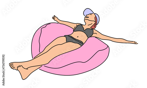 line art color of woman swimming use floating ring vector illustration