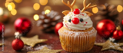 Festive Christmas cupcake decorated as a reindeer with a red nose, perfect for holiday events. Made with food ingredients and plantbased decorations for a delicious dessert