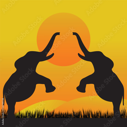 Silhouette of two elephants facing each other at sunset