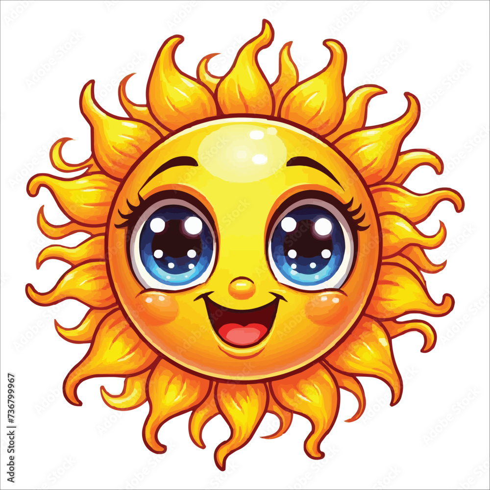 a smiling sun with big eyes and a smile on it's face is shown vector illustration
