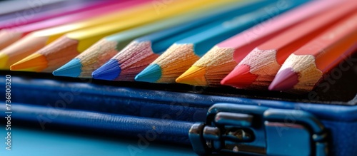 a close up of a case filled with colored pencils . High quality