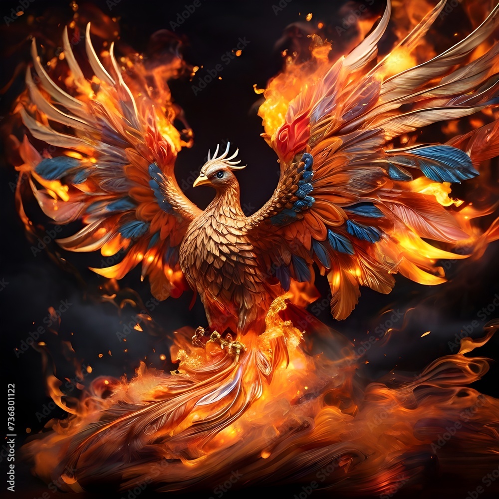 A stunning phoenix tattoo, with fiery wings ablaze in vibrant orange, red, and gold hues, creates a mesmerizing spectacle of power and rebirth. The high-resolution image showcases Generative AI A stunning phoenix tattoo, with fiery wings ablaze in vibrant orange, red, and gold hues, creates a mesmerizing spectacle of power and rebirth. The high-resolution image showcases Generative AI