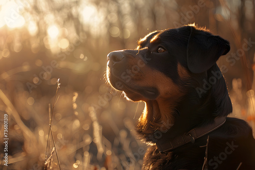 Beautiful rottweiler dog head outdoor portrait - golden hour