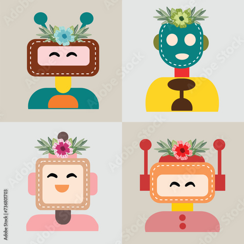 A Colorful Futuristic Robot Avatar Vector Set with Happy Face