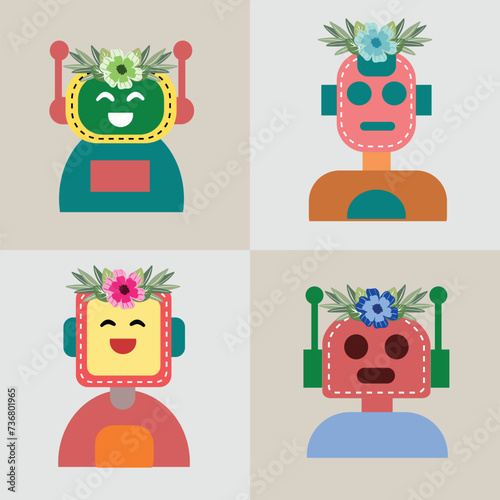 A Colorful Futuristic Robot Avatar Vector Set with Happy Face