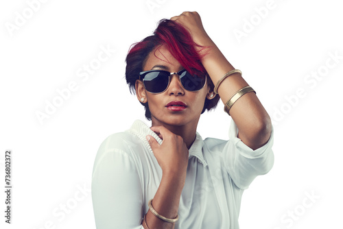 Fashion, confident and face of woman with sunglasses on isolated, png and transparent background. Attractive, attitude and person with red hair in stylish outfit, trendy accessories or casual clothes