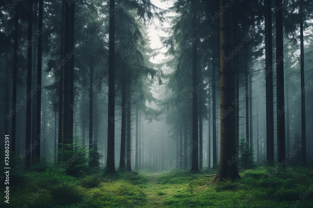A calm, misty forest during early morning hours A calm, misty forest during early morning hours
