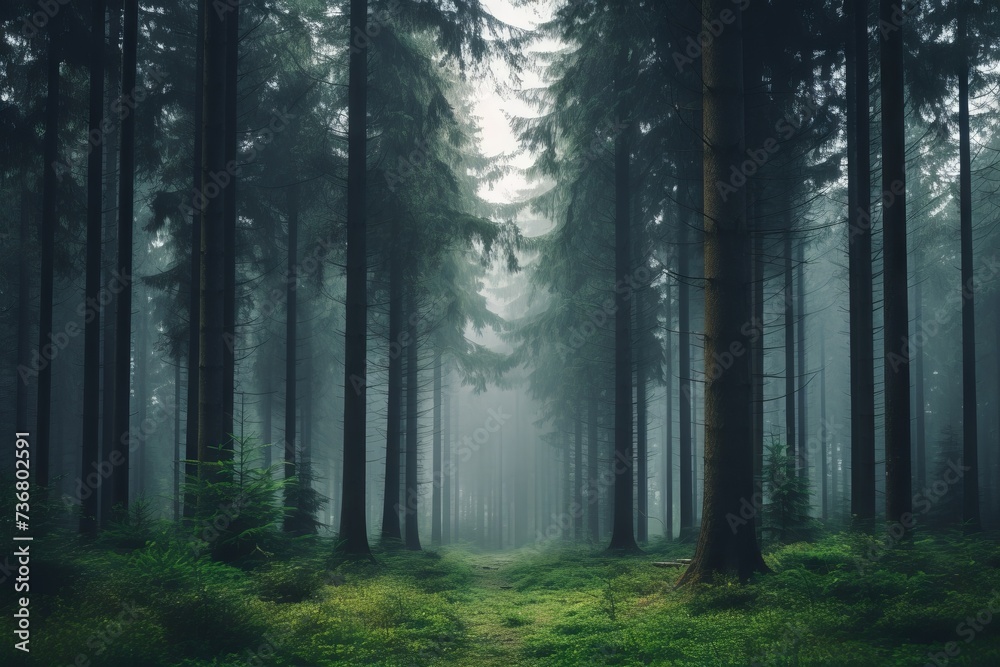 A calm, misty forest during early morning hours