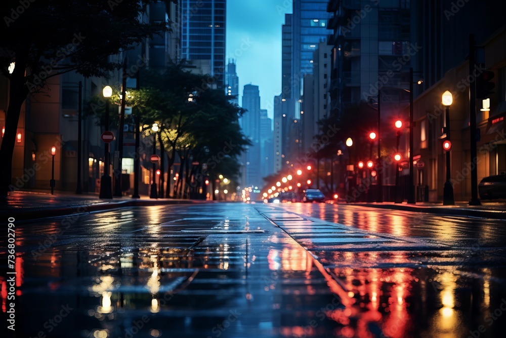 A close-up of a city street during the blue hour