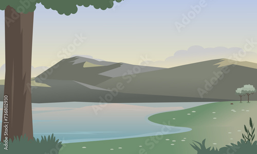 Mountain and lake landscape with green meadows and trees in the morning or afternoon. vector illustration.