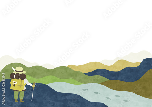 登山・トレッキング・ハイキング 山のアウトドアの水彩背景イラスト