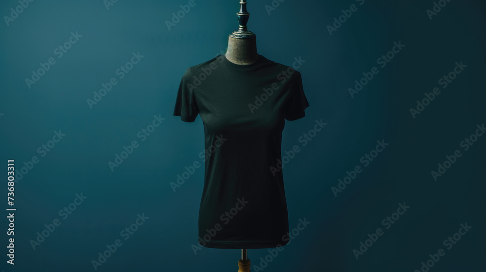 Obraz premium Blank black T-shirt hanging on a dark background. Clothes concept. Layout.