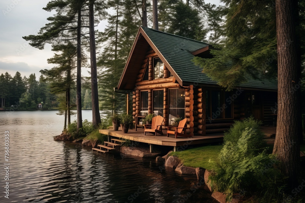 A peaceful lakeside cabin surrounded by tall pines