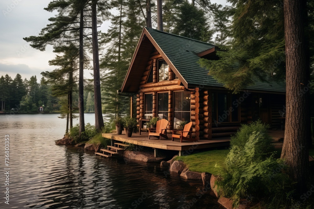 A peaceful lakeside cabin surrounded by tall pines A peaceful lakeside cabin surrounded by tall pines