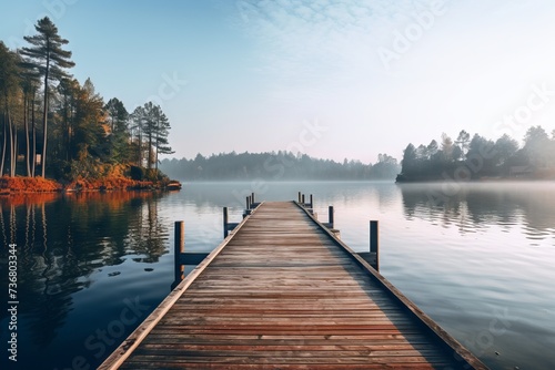 A pier extending into a calm lake in the afternoon